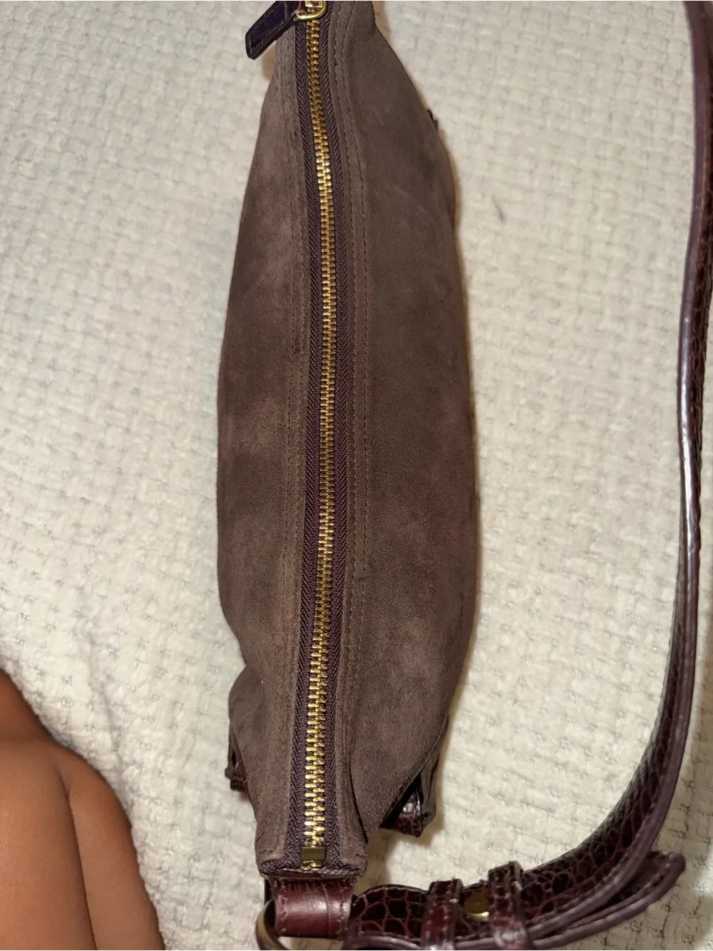 Ralph Lauren Brown Suede Shoulder Bag with Croc-Effect Strap